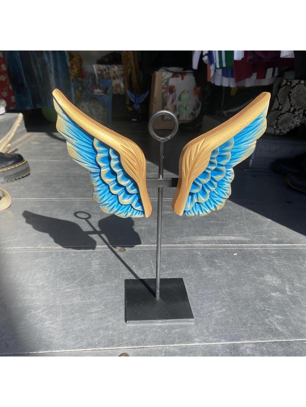 Handpainted In Veracruz, Mexico Artisan Carved Wood Angel Wings With Metal Stand